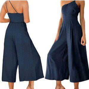 Women Sleeveless Straps One Shoulder Pleated High Waist Casual Wide Leg Jumpsuit
